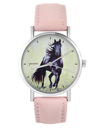 Zegarek - Czarny koń malowany - skóra, pudrowy róż, yenoo