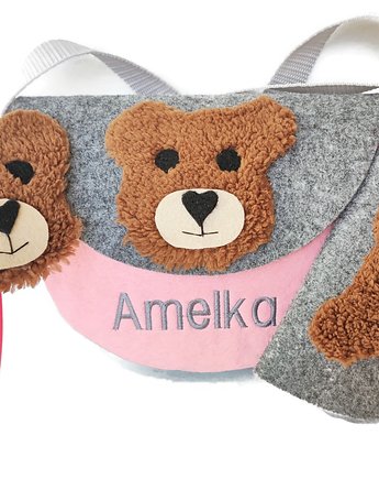 Mała torebeczka z imieniem z misiem plus opaska misio, portfelik, Made by Joan