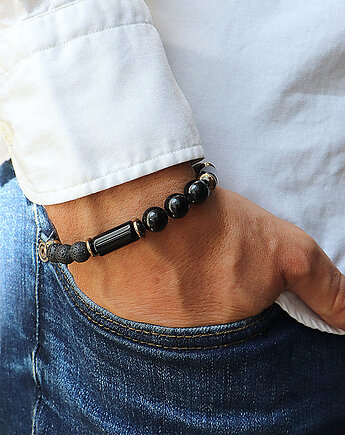 Bransoletka męska - czarny turmalin, lawa wulkaniczna, hematyt, Bring Biżuteria