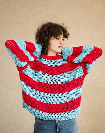 Całoroczny sweter oversize w paski czerwień błękit -  bawełna organiczna, DecMabu