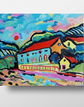 Kolorowy obraz  ręcznie malowany do salonu pejzaż wioska ekspresjonizm, alice oil on canvas
