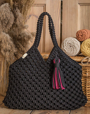 Makramowa torebka Beach Bag M czarny, Poplecione Makramy