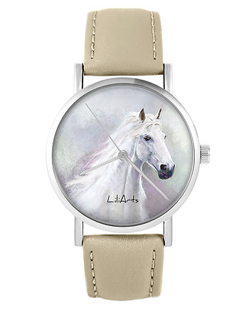 Zegarek yenoo - Biały koń - skórzany, beżowy, OSOBY - Prezent dla męża