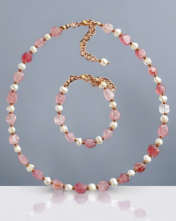 KOMPLET - kwarc truskawkowy & PERŁY. naszyjnik & bransoletka, kaktusia
