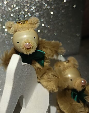 Zabawki choinkowe - misie blond w stylu PRL, handmade, 2 szt., Niebieski Zagajnik