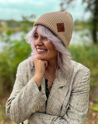 Bawełniana czapka beanie logo ekoskórka Beżowa