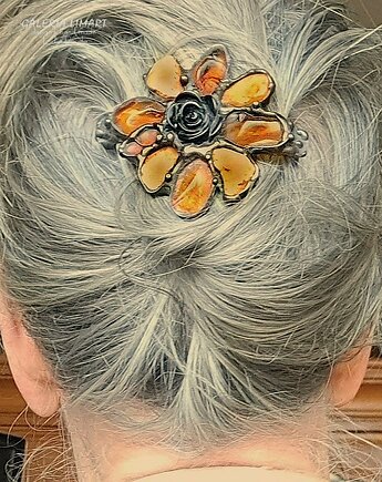 Spinka do włosów bursztynowy kwiat UNIKAT ręcznie robiony prezent lux, Galeria Limart