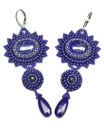 Safaia, kolczyki z lapis lazuli, haft koralikowy, Sol