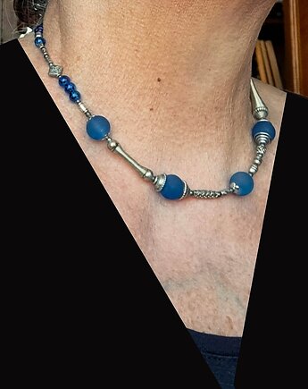 Vintage style uroczy naszyjnik z matowego błękitnego szkła Prezent handmade, Galeria Limart