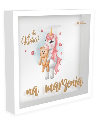Ramka Skarbonka - Na marzenia - jednorożec z misiem - z imieniem dziecka, Ramka Skarbonka
