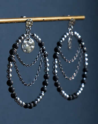 Duże kolczyki koła z lawy wulkanicznej i hematytu, AT NOON