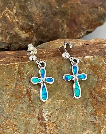 Kolczyki delikatne srebrne 925 - krzyżyki z opalem rekonstruowanym, Ade Art