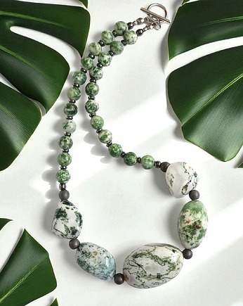 UNIKAT agat mszysty, jaspis, stal szlachetna : unikatowy MASYWNY naszyjnik