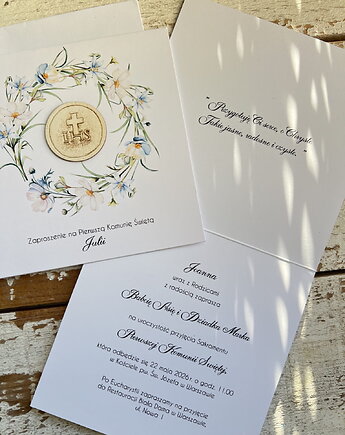 Białe eleganckie zaproszenia komunijne, na komunię, sorte