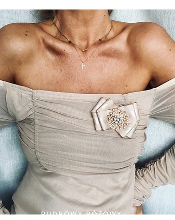 Brosza  Glamour z perełkami i kryształkami NEW, Pudrowy Różowy