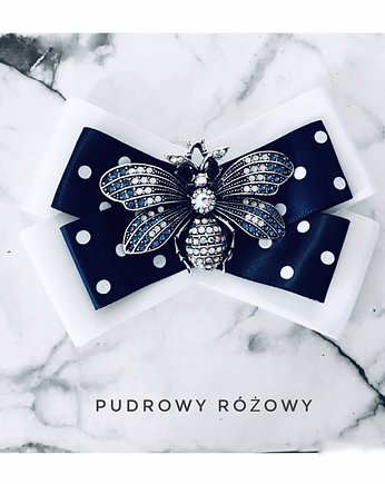 Granatowo-Biała Brosza z Owadem NEW, Pudrowy Różowy