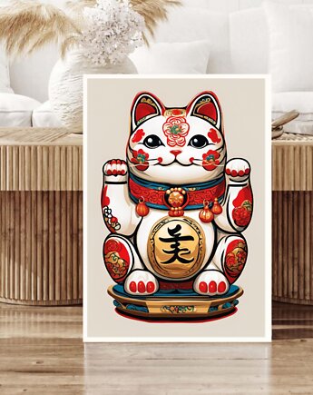 PLAKAT z kotem na szczęście , maneki neko grafika, japońska ilustracja, black dot studio