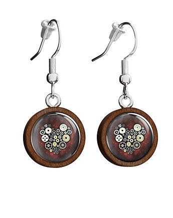 Kolczyki drewniane - Serce steampunk bordo - wiszące, yenoo