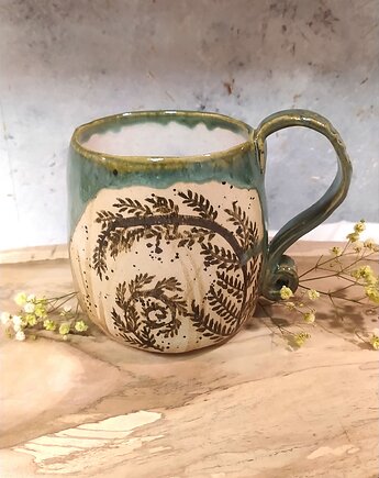 Duży Kubek z paprocią , ręcznie robiony i malowany 500 ml, AM Natural Home Pracownia Ceramiczna