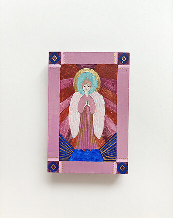 Anioł malowany na desce, prezent komunijny, Mały Anioł na drewnie, PRINTLOVE