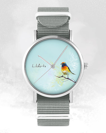 Zegarek - Kolorowy ptaszek - szary, nylon, OSOBY - Prezent dla teścia