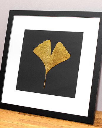 Obraz 3D. Złoty Liść Miłorząb. Czarna ramka z passe-partout 28x28 cm, Kuźnia Obrazów
