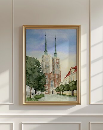 Plakat Wrocław, Katedra św. Jana Chrzciciela, Ostrów Tumski, akwarela, Anna Bednarczyk Ilustracje