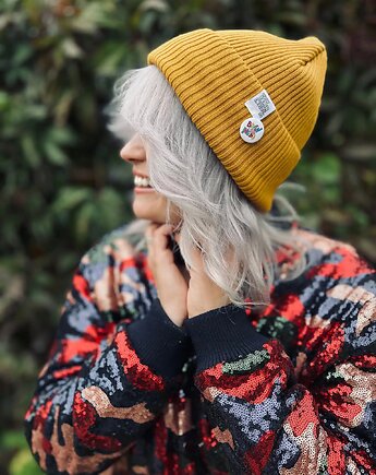 Czapka beanie z bawełny logo kolorowe Miodowa musztarda
