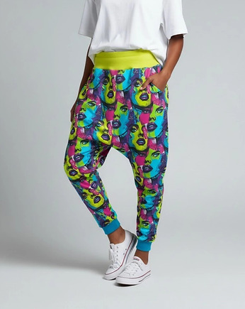 Spodnie baggy Mayurasana kolorowe pop art Auri Lili unikat L 40, Auri Lili