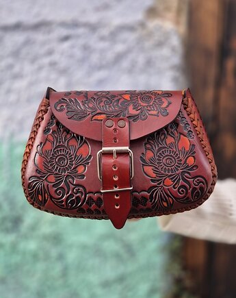 Torebka skórzana Folklora brązowa kwiaty ręcznie robiona, SempreArte