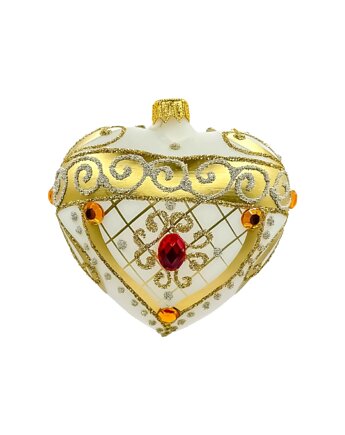 Bombka choinkowa: Serce z bogatymi złotymi zdobieniami i kamieniami: białe, Syn Bombkarza