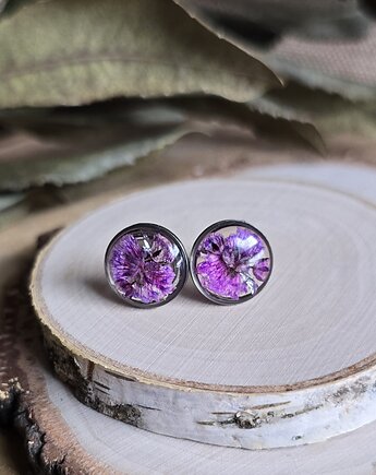 Wieczne kwiaty fioletowa gipsówka z kwiatami kolczyki srebrne, zkwiatem