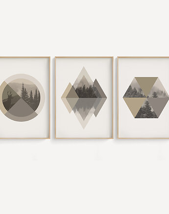 Zestaw 3 geometrycznych grafik na ścianę, skandynawski styl, nordic style., Grawisfera