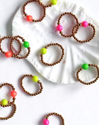 Pierścionek : PINK : Swarovski neon pearls : gold, kaktusia