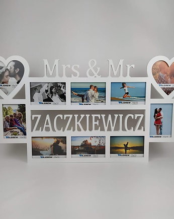 Multirama ramka na zdjęcia z napisem Mrs & Mr Nazwisko mdf 10 zdjęć serca, Wajdrew