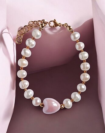 Bransoletka : PERŁY naturalne i ceramiczne serduszko : pastelowe różowe, kaktusia