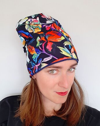Czapka Bawełniana Jesienna Czarna w kwiaty, mrszebra