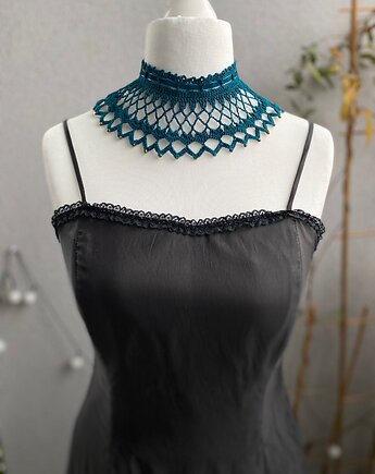 Naszyjnik koronkowy ciemny turkus/morski styl retro, Księżycowa ćma