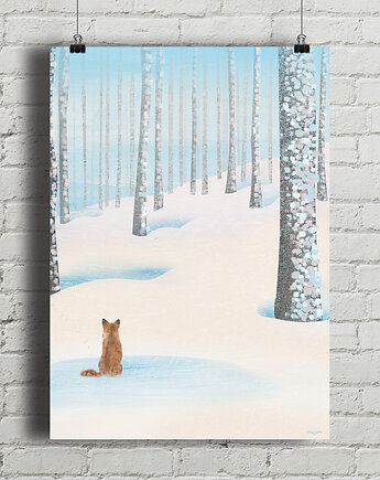 Plakat Las zimą - lis w śniegu, minimalmill