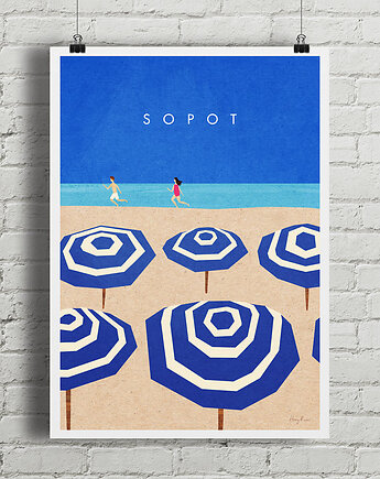 Plakat Sopot - plaża z parasolkami, minimalmill