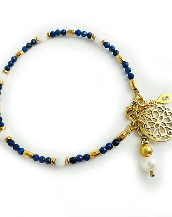 Bransoletka z lapis lazuli , granatowa bransoleta z perłą i rozetą, Anemon Atelier