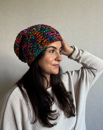 Kolorowa duża czapka beanie z wełną i alpaką , Zasznurowane