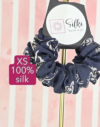 XS mini mała gumka dla dzieci do włosów jedwab naturalny scrunchie granatowa, Silki