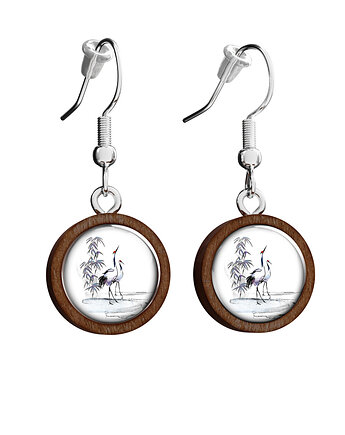 Kolczyki drewniane - Żurawie sumi-e - wiszące, yenoo