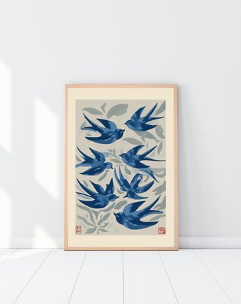PLAKAT ptaki, dekoracja ścienna,  jaskółki, vintage rycina japońska, black dot studio