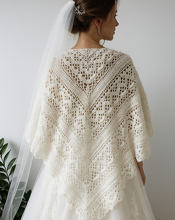 Ozdobna biała chusta ślubna Klaziena ręcznie robiona z merino, splotomaniaa