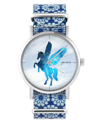 Zegarek - Pegaz - niebieski, kwiaty, yenoo