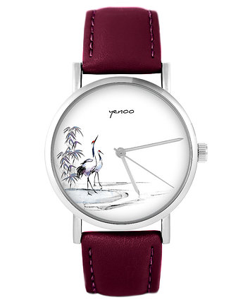 Zegarek - Żurawie sumi-e - skórzany, burgund, yenoo