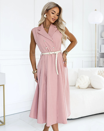 596-6 Elegancka szmizjerka midi ze złotymi guzikami i paskiem - pudrowy róż, NUMOCO
