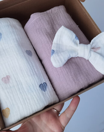 Zestaw pieluszek muślinowych + kokardka (wzory, kolory), Little Angels